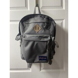 Jansport Backpack Bookbag Gray Canvas Bottom 18” Water Bottle Holder EUC Padded